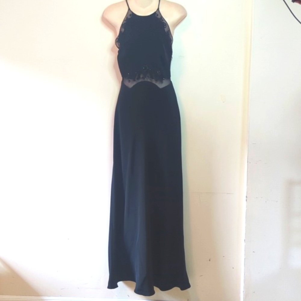 Cache Illusion Embroidered Applique Mesh Sequin Cut Out Halter Gown 4